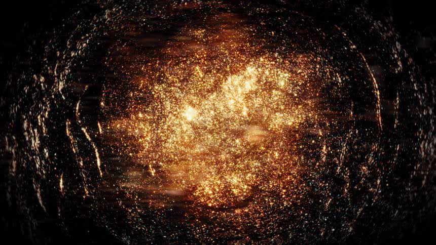 Shimmering golden particles form a celestial cloud in a dark, textured space