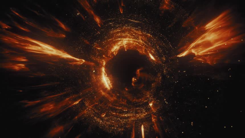 An abstract animation shows a fiery orange nebula of cosmic dust and gas slowly swirling into a dark central vortex
