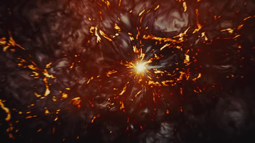 Fiery energy radiates from a central point, sending crackling tendrils through a dark and mysterious cosmic void
