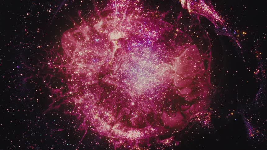 An abstract animation shows a beautiful, glowing pink and purple nebula expanding and pulsing in deep space