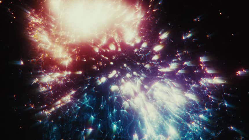 An abstract, multicolored nebula of light and energy shifts and evolves in the vast darkness of outer space as planets slowly emerge