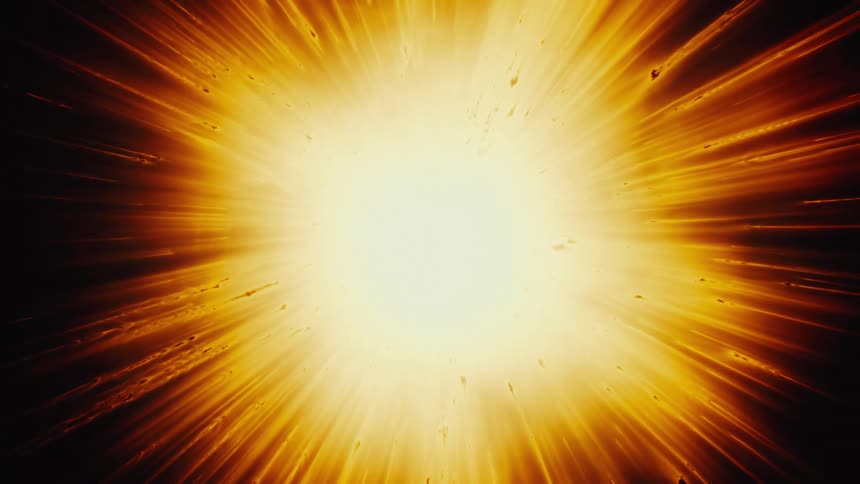 An abstract, sun-like orb radiates intense golden light and energy before slowly fading to black