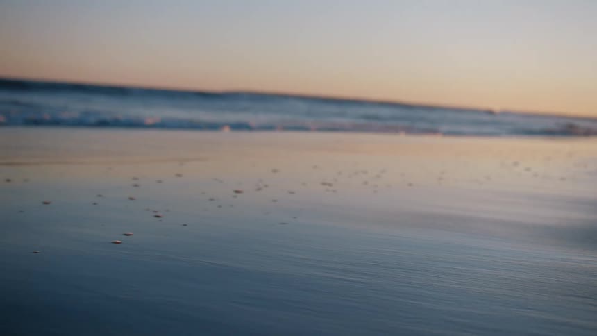 A serene close-up shot of wet beach sand shimmering in the golden light of the sunset as the camera pulls focus to the gentle ocean waves