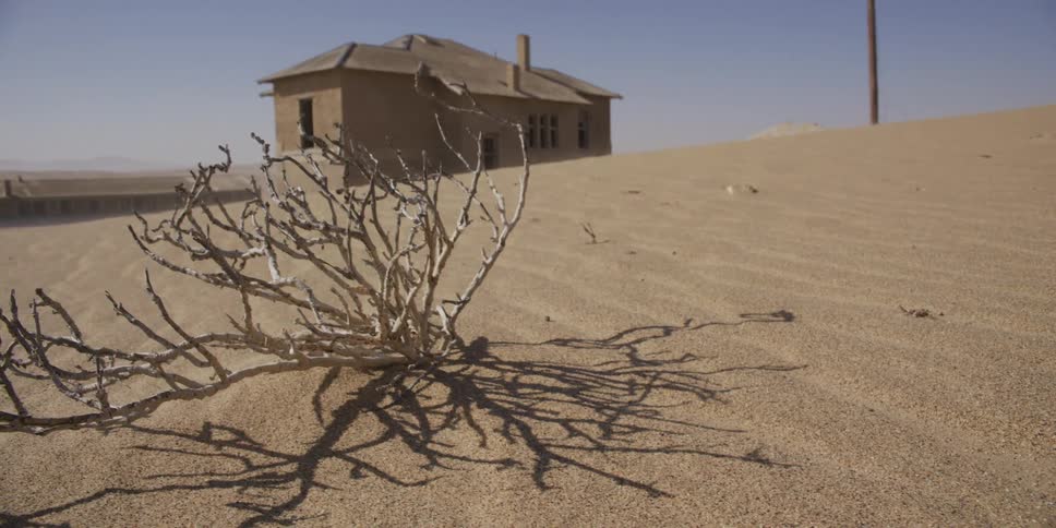 Wind blows sand over a dry desert bush, pulling back to reveal an abandoned building in a desolate ghost town