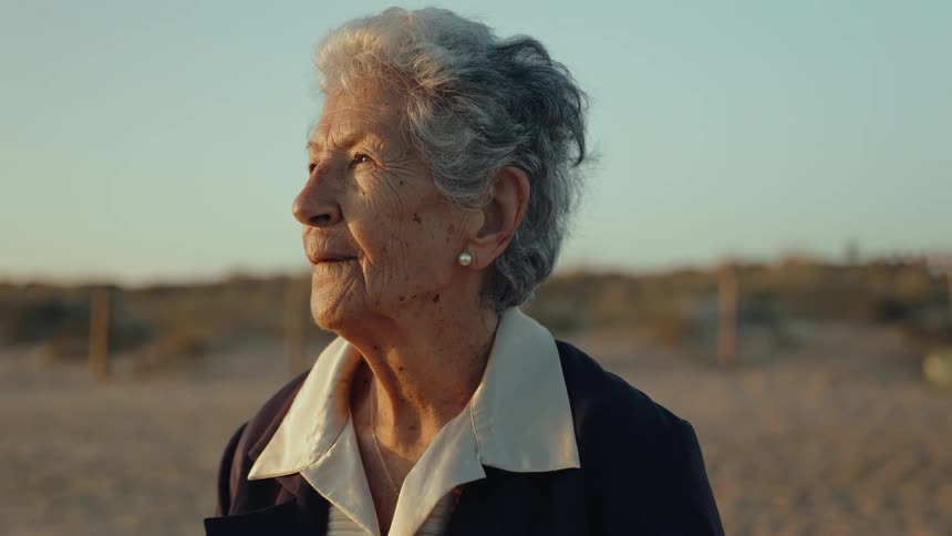 Close-up portrait of a thoughtful elderly woman with gray hair enjoying the serene sunset on the beach