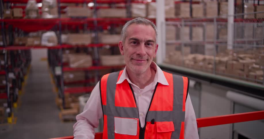 Portrait of a smiling male logistics manager standing in a large warehouse with shelves of products