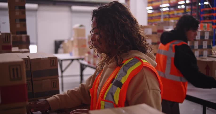 A focused female warehouse employee carefully packs red bottles into a box for shipping, with another colleague working in the background