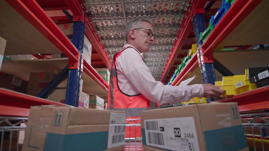 From the perspective of a moving cart, a warehouse worker checks his list and collects items from the shelves