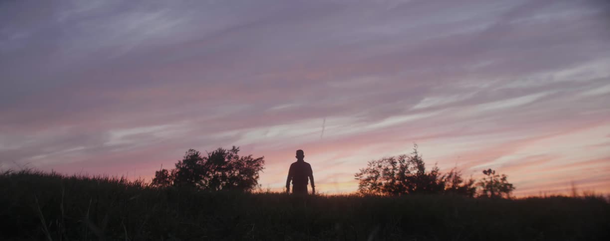 Man walks towards horizon through a field
