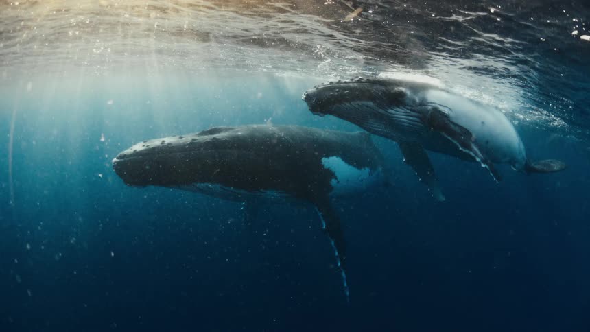 A mother humpback whale and her calf swim peacefully just below the ocean's surface, illuminated by beautiful rays of sunlight