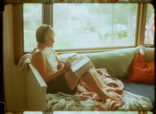 A thoughtful woman with headphones writes in her journal while sitting on a cozy window seat, shot on vintage film