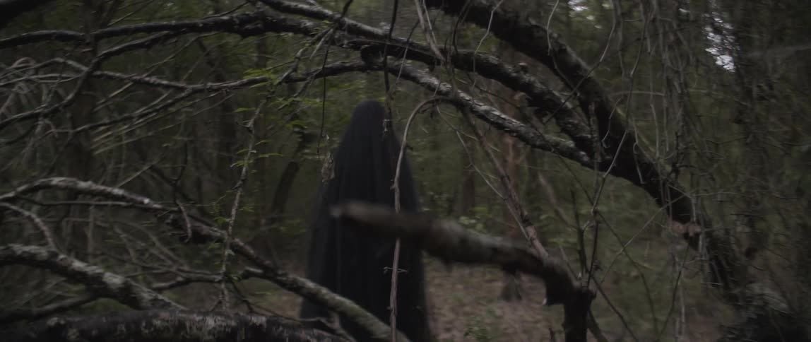 Long haired woman stands still amongst a dead forest