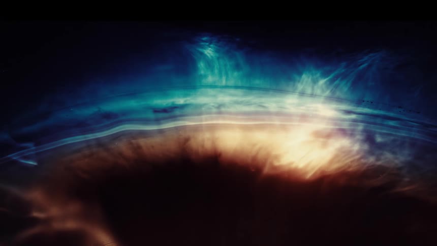 A moody and abstract celestial background depicts a planet's horizon with swirling blue and orange gases