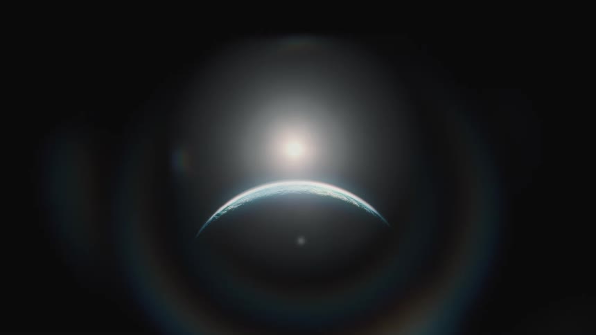 A tranquil and cinematic animation reveals a sun rising over a distant planet in the vastness of space