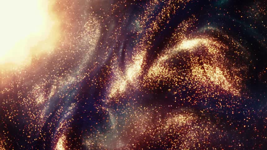 Hypnotic golden particles drift and swirl through a cosmic nebula illuminated by a distant sun