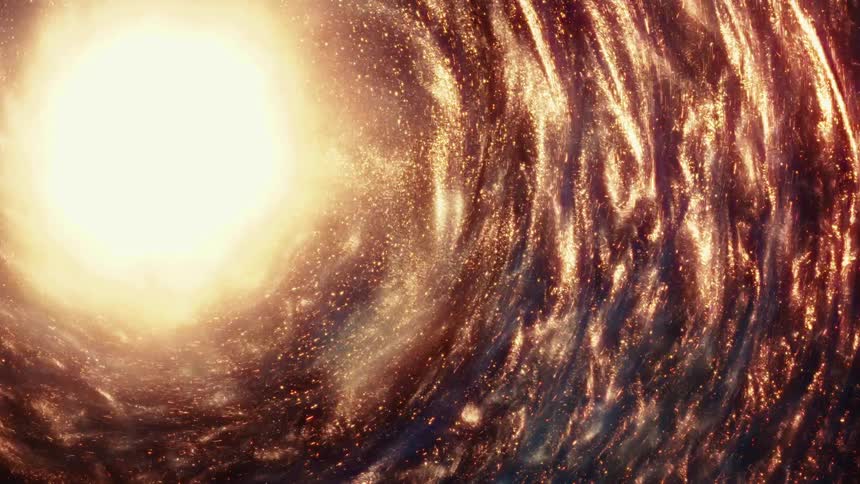 Golden cosmic dust swirls majestically around a bright, sun-like orb in an abstract space animation
