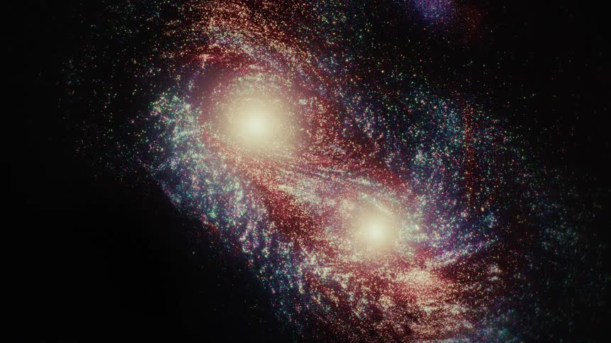 Two massive, colorful galaxies slowly spiral towards each other, eventually merging in a brilliant cosmic collision