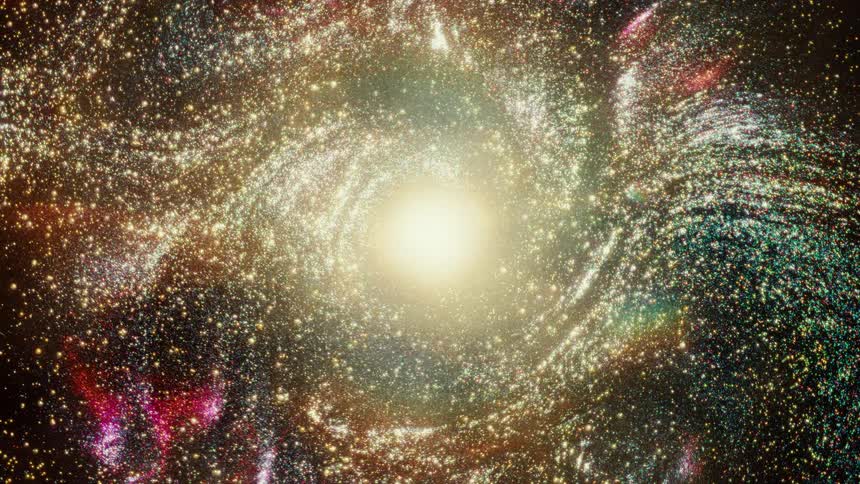 A slow zoom out of a vibrant, swirling galaxy with a glowing center against the dark void of space