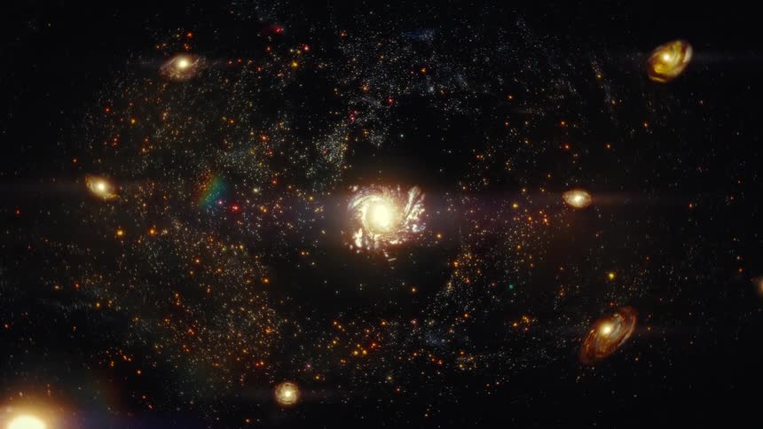 Cosmic zoom-out animation from a central spiral galaxy to reveal a universe filled with countless stars and galactic clusters