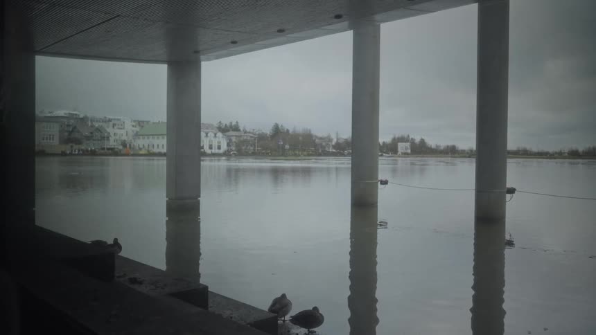A moody, static shot of a city lake on a grey, overcast day, viewed from under a modern colonnade as ducks rest by the water