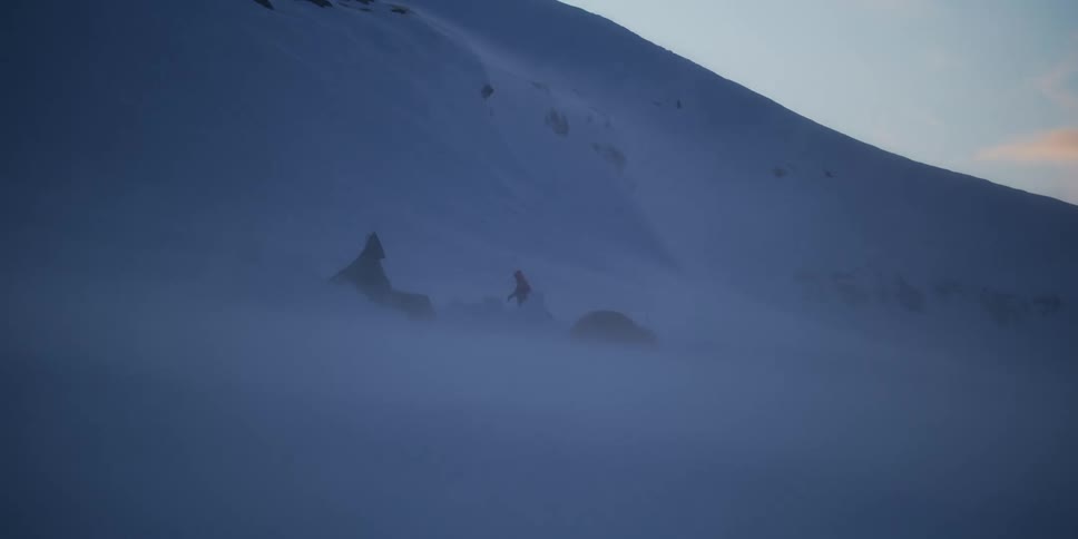 A lone mountaineer battles a fierce snowstorm while setting up a tent at their desolate basecamp