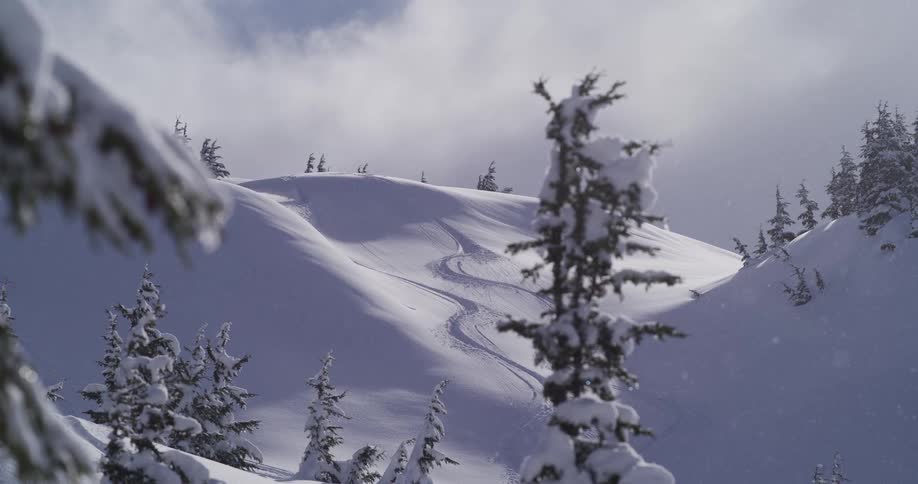 Snow gently falls on a majestic mountain scene, highlighting fresh ski tracks on a pristine, sunlit slope