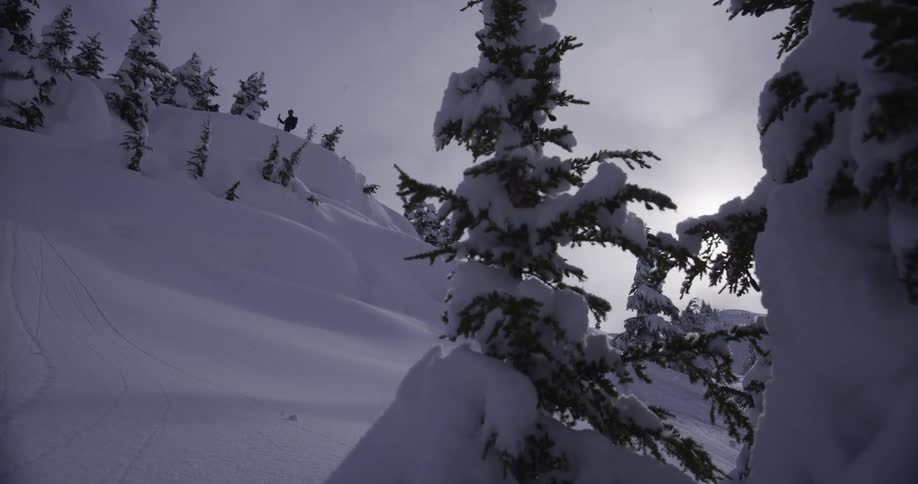 A silhouetted person stands on a snowy mountain ridge as snow falls in slow motion past evergreen trees