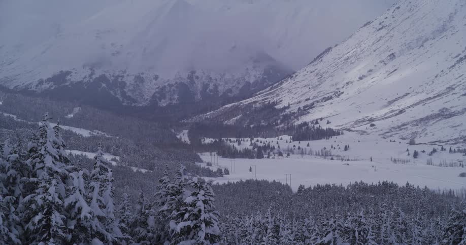 An aerial view pans left across a vast, snow-covered forest in a remote mountain valley on a cold, overcast winter day