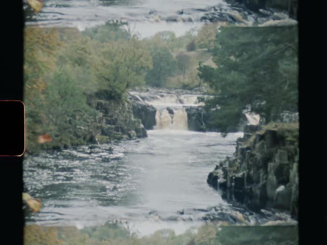 Triptych vintage film view of a rushing river cascading over rocks and waterfalls in a forest