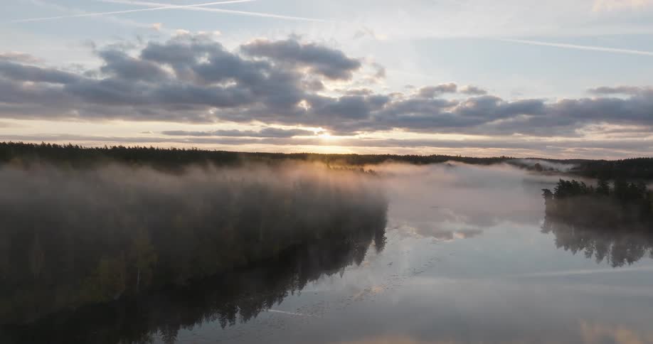 A slow aerial pullback reveals a stunning, foggy sunrise over a tranquil forest lake as golden light shines through the clouds