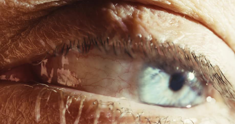 A detailed macro shot captures a blue human eye looking around, revealing the intricate patterns of the iris and the bloodshot sclera