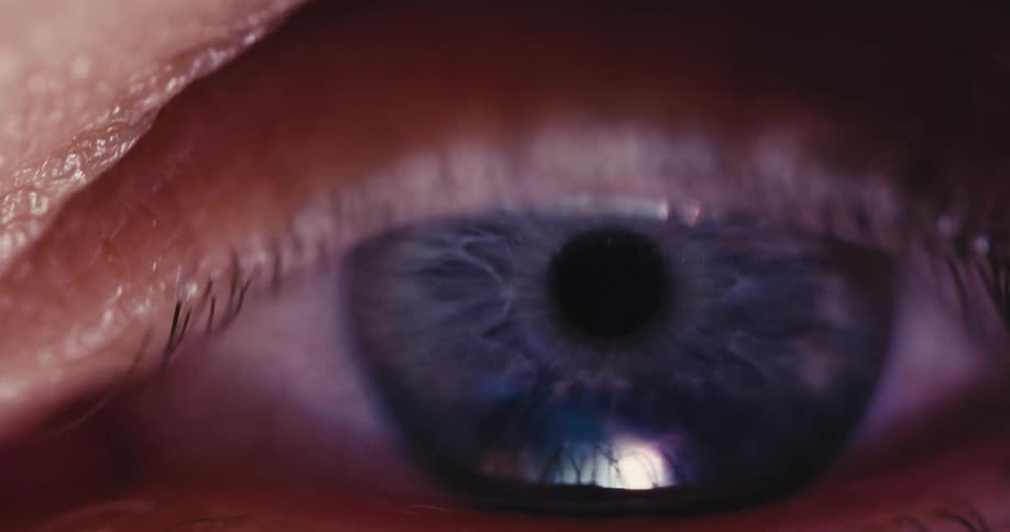 A macro shot of a blue human eye dilating and constricting as colored lights flash and reflect on its surface, ending in a bright whiteout