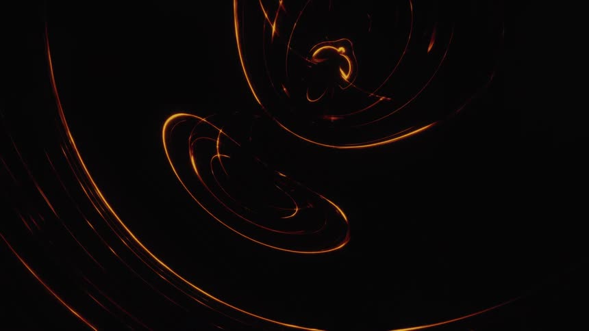 Abstract flowing lines of glowing orange and yellow light swirl and dance across a black background