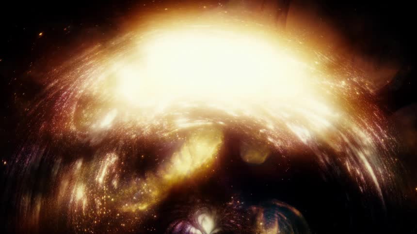 A majestic, swirling golden galaxy expands in the vastness of deep space in this abstract animation