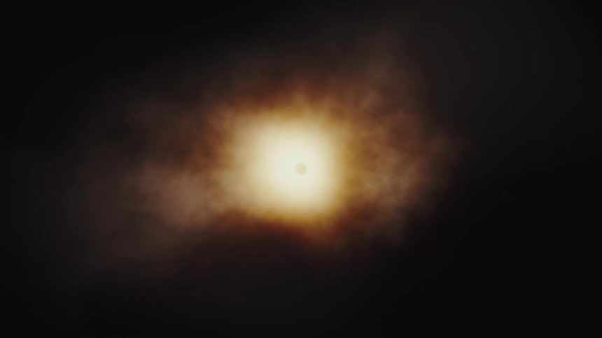 A dramatic view of a total solar eclipse as the sun's corona glows through a veil of dark, mysterious clouds