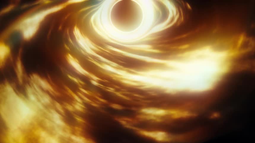 An animated, mesmerizing view of a golden celestial vortex spiraling into a black hole in deep space