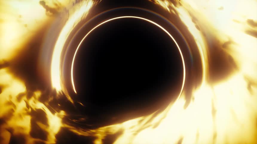 An animated depiction of a supermassive black hole and its bright, swirling accretion disk in the vastness of space
