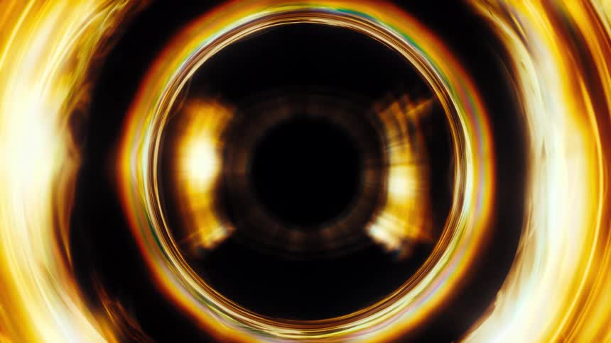 A mysterious golden energy vortex swirls and expands, resembling a cosmic event like a black hole or wormhole