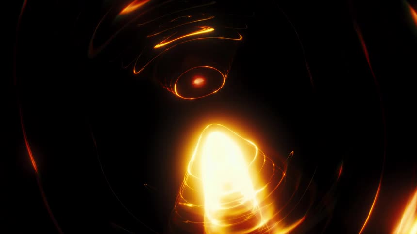 An abstract animation of a glowing orange ring of light rotating and distorting into a fiery vortex of energy
