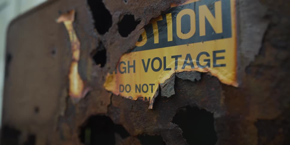 A slow pull-back shot reveals a peeling yellow high voltage caution sign on a heavily rusted and decaying metal surface