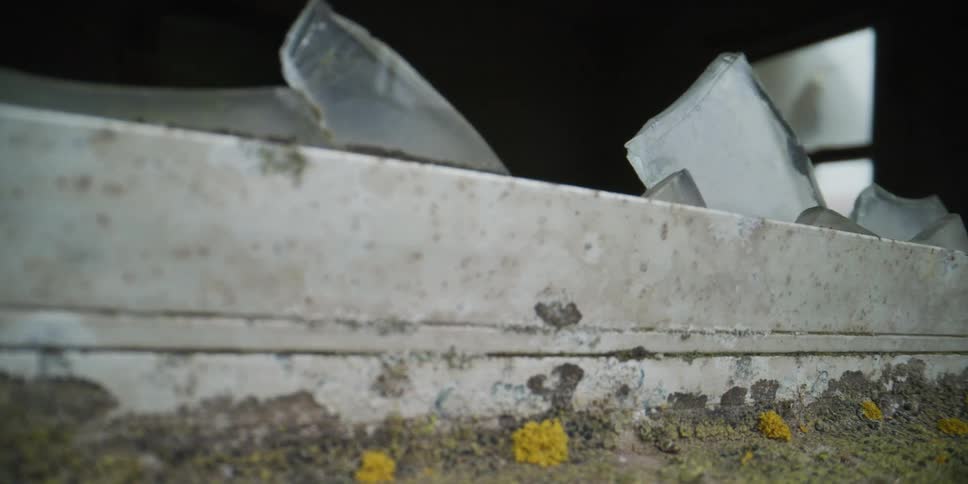 A decaying and moldy window sill with sharp shards of broken glass in an abandoned building