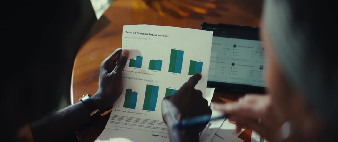 An over-the-shoulder view shows two business colleagues collaborating and analyzing a printed financial report with bar charts