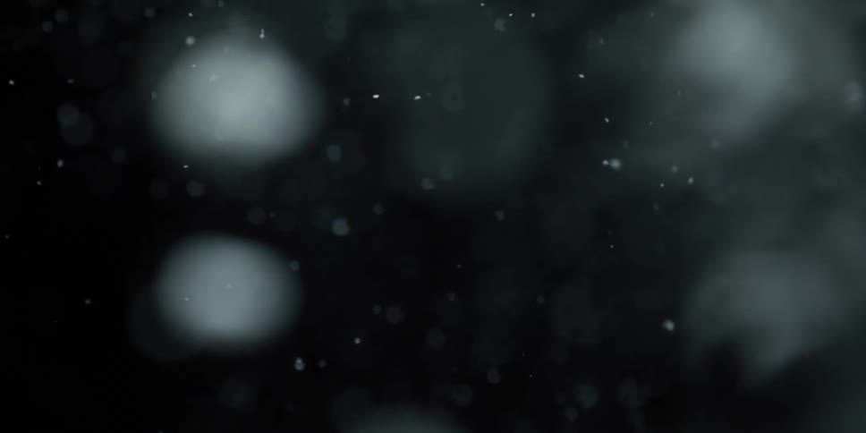 Ethereal slow motion macro shot of white particles resembling snow or ash gently falling against a dark, moody background