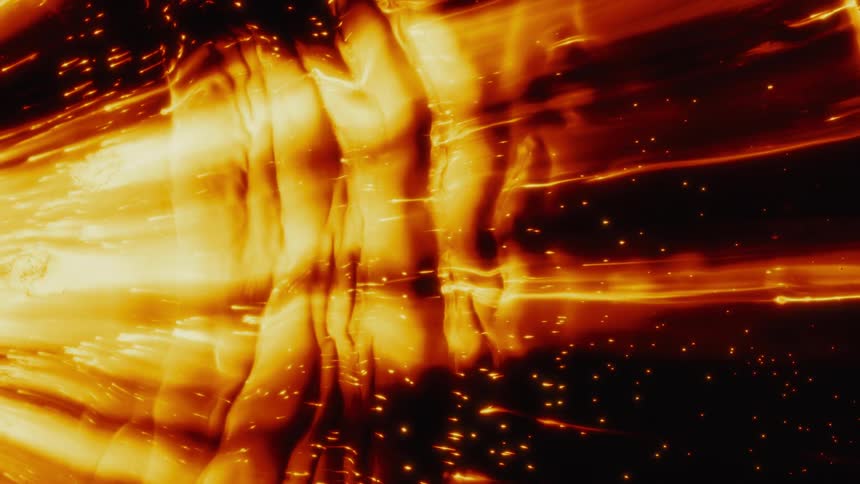 Distorted golden figures made of pure energy pulse and glow in an abstract, fiery animation