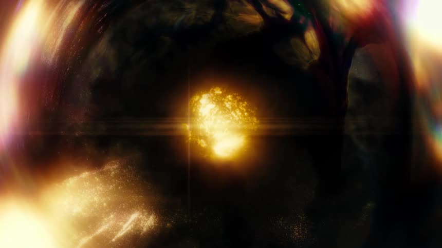 A celestial animation shows a golden star or energy core pulsating at the center of a cosmic vortex with swirling particles and lens flares