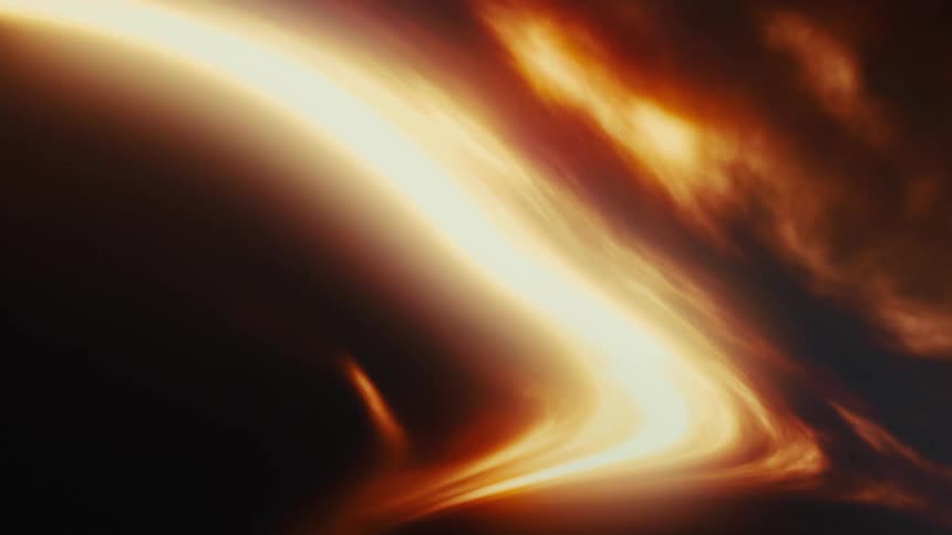 A mesmerizing, abstract flow of fiery golden light undulates like liquid energy against a dark background