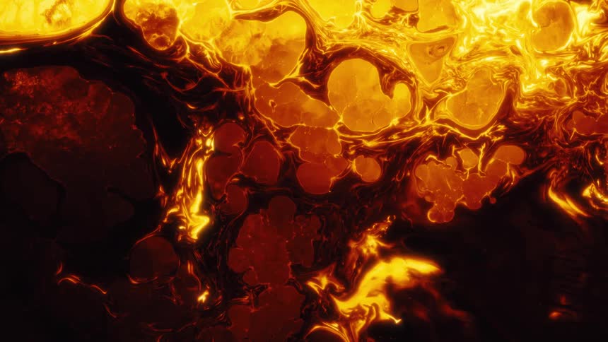 An intense close-up of a fiery, molten liquid that resembles bubbling lava or the surface of the sun