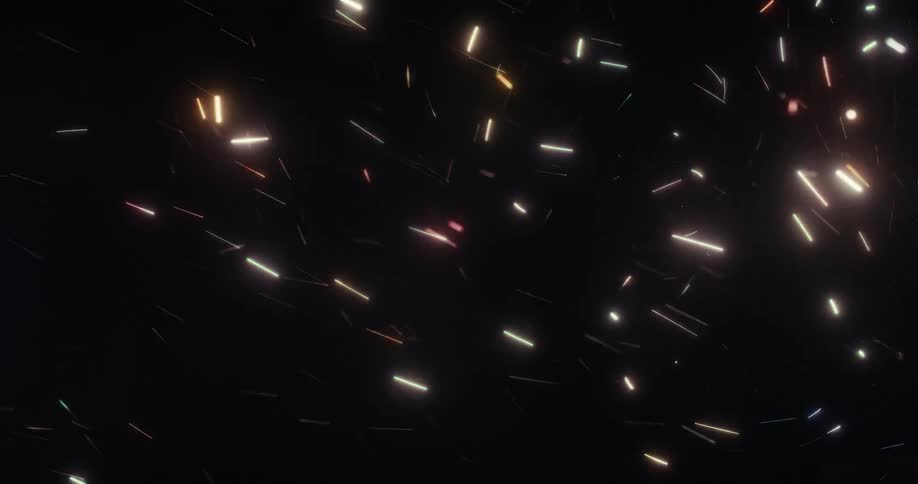 A dynamic animation of colorful glowing light streaks and particles swirling and flying through a black void