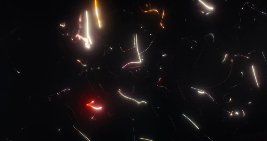 Glowing multicolored particles transition from straight sparks to chaotic, flowing light trails against a dark background
