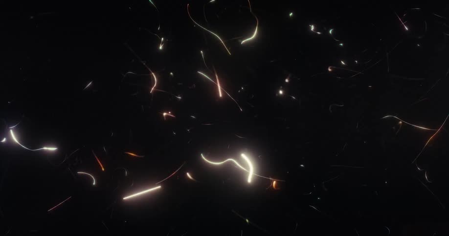 A swarm of colorful, glowing, tadpole-like light streaks swims chaotically against a dark background